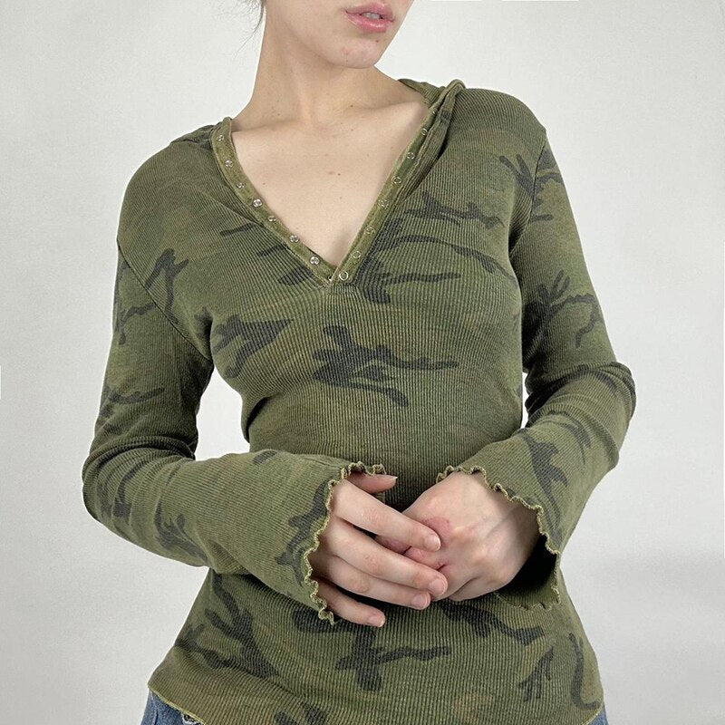 Mojoyce Y2K Female Hooded Top Military Buttons V Neck Long Sleeve Fitted Knit Pullovers Vintage 90s Autumn Tee Fall Outfits 2023