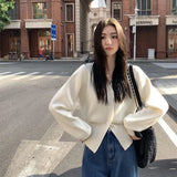 Mojoyce Knitted V-neck Chic Cardigan Women Long Sleeve Casual All-match Popular Sweater Coats Fashion Korean Style Solid Color Crop Tops