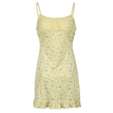 MOJOYCE Y2K Floral Print Spaghetti Strap Yellow Dress for Women Bow Detail Sleeveless Cute Prairie Chic Short Dresses Summer