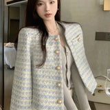 Mojoyce Vintage Striped Tweed Short Jackets Women Casual Single Breasted Coats Temperament Tunic Korean Fashion Jackets Women's Clothes