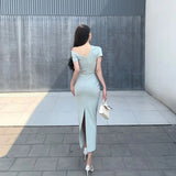 MOJOYCE-Elegant Chic Party Evening Dress for Women One Shoulder Folds Ladies Fashion Vintage Slim Long Bodycon Dresses Summer 2023