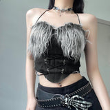 Mojoyce  Furry Patchwork Denim Corset Top Aesthetic Tie Up Skinny Tank Camis Party Outfits Gothic Ladies Halter VestClubwear