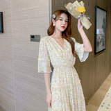 MOJOYCE-New Vintage Chiffon Slim Print Dress for Women Elegant Short Sleeve V-neck Fashion Sweet Ladies Floral Waist Dress Korean