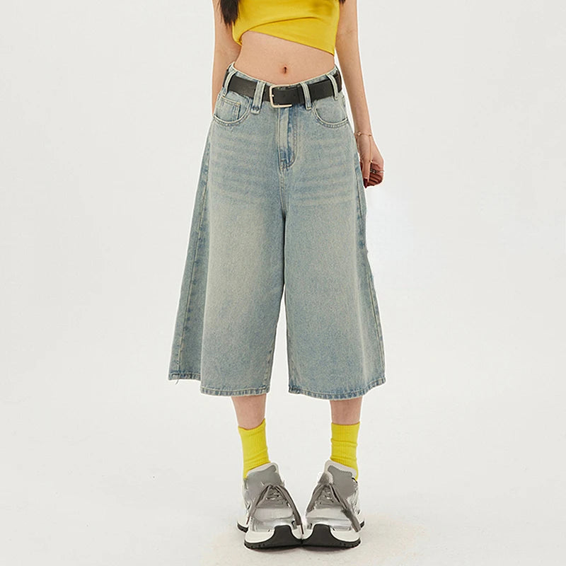 2024 Summer Y2k Retro Women Low Waisted Wash Cropped Baggy Jeans Wide Leg Frayed Denim Short Pants Korean Fashion Pants