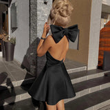 MOJOYCE Big Backless Bow Dress For Women Slim Pleated Sexy Sleeveless Solid Splice Halter Neck Evening Party Mini Dress Female