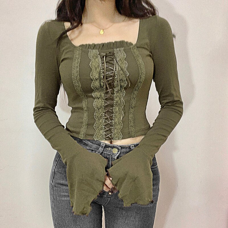 Mojoyce Lace Patchwork Y2K Crop Top Women Elegant Flare Sleeve Vintage Tie Up Chic T-shirt Square Collar 90s Cute Tee Fairy