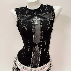 Mojoyce-y2k clothes y2k crop top gothic clothes y2k fashion bustier top vintage tops  Cross Tank Tops  Gothic Tank Tops Punk Tank Tops