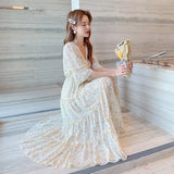 MOJOYCE-New Vintage Chiffon Slim Print Dress for Women Elegant Short Sleeve V-neck Fashion Sweet Ladies Floral Waist Dress Korean