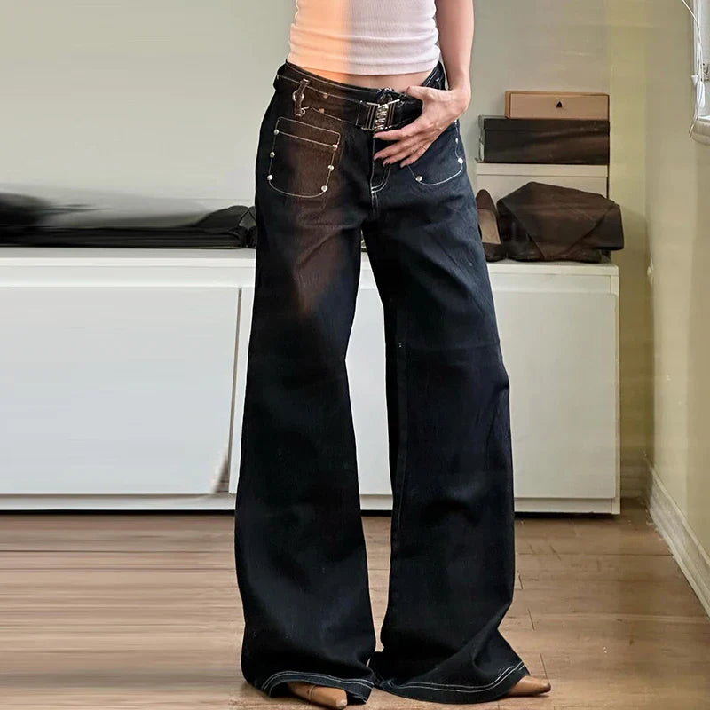 Mojoyce Fashion Design Belt Wide Leg Jeans Punk Grunge Low Waist Denim Trousers Streetwear Hip Hop Gothic Baggy Pants Y2K