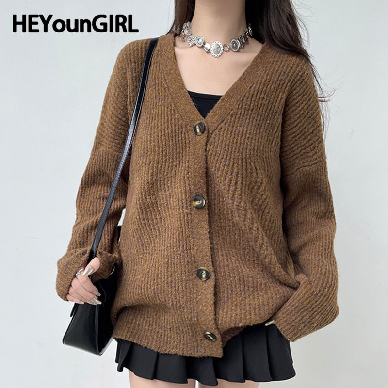 Mojoyce Vintage Brown Button Sweater Winter Oversized Knitting Casual Women Cardigans Korean High Street V Neck Coats Thick Fall Outfits 2023