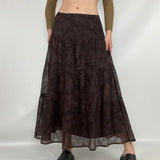 Mojoyce Mesh A-line Brown Long Skirt Vintage Y2K High Waist Loose Elegant Fairy Maxi Skirts Aesthetic 90s Autumn Clothes Lady