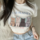 MOJOYCE-Coachella Valley Music Festival Outfits,Graduation Gift,Women Short Sleeve Crop Tops Cat Print Crew Neck Slim Fit T-Shirts Summer Casual Exposed Navel Shirts Streetwear