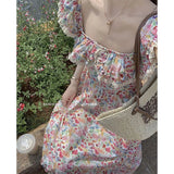 MOJOYCE Vintage Floral Midi Dress Women Sweet Print Square Collar A Line Dresses Summer Elegant Vacation Flying Sleeve Vestidos