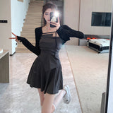 MOJOYCE-New Autumn Fashion Black Slim Mini Dress for Women Long Sleeved Sunscreen Cardigan Elegant Chic Office Lady Dresses Korean