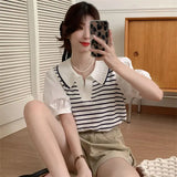 MOJOYCE-Fake Two Piece Patchwork Korean Knitted Tshirts Puff Sleeve Women Turn-down Collar Ice Silk Tees Loose Striped Y2k Camisetas