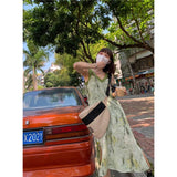 MOJOYCE Y2K Tie Dye Midi Dress Women Vintage Slit Print A Line Dresses Summer Streetwear Patchwork Sundress Korean Holiday Vestido