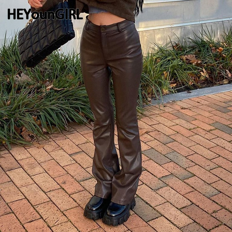 Mojoyce Street Y2K Boot Cut Trousers PU High Waist Fitted Women Brown Faux Leather Long Pants Punk Fashion Ladies Outfits 90s