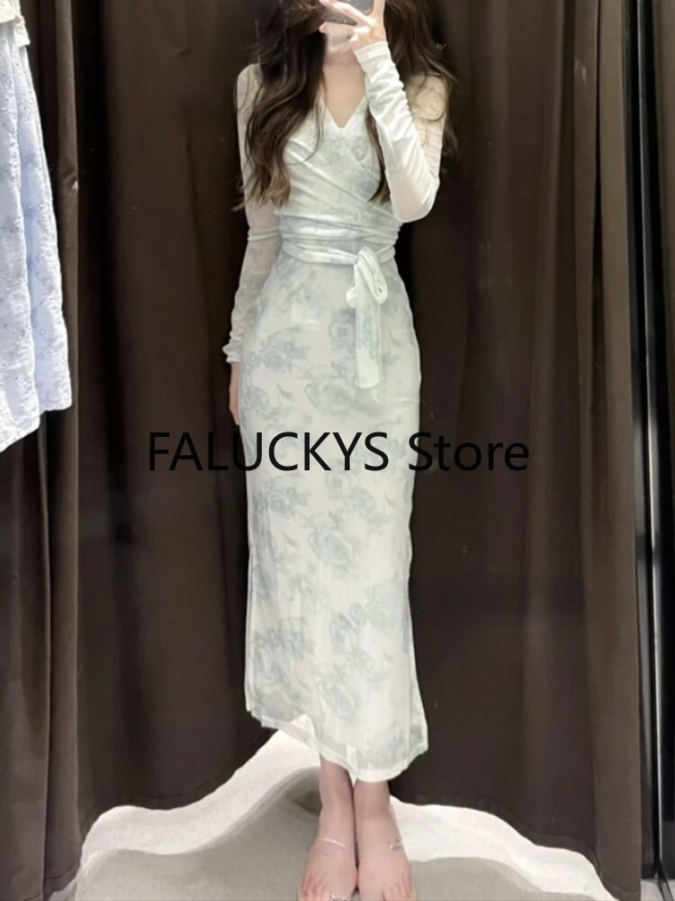 Mojoyce Floral Elegant 2 Piece Set Office Lady Casual Long Sleeve Cardigan + Women Party Slim Midi Dress Korean Fashion Chic 2023 Autumn