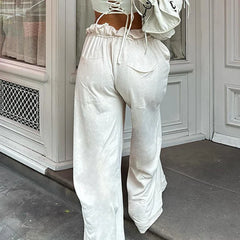 Mojoyce Women Elegant Wide Leg Pants Elastic Waist Shirring Loose Fit Sweatpants White Casual Autumn Big Pocket Baggy Pants