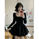 MOJOYCE Y2K Black Mini Dress Women Korean Square Collar Long Sleeve One Pieces Dresses Party Prom Elegant Bodycon A Line Vestidos
