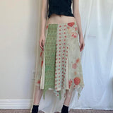 MOJOYCE Contrast Patchwork Floral Print Long Skirt Y2K Aesthetic Low Waist Retro Holiday Asymmetrical Skirts Women Outfits
