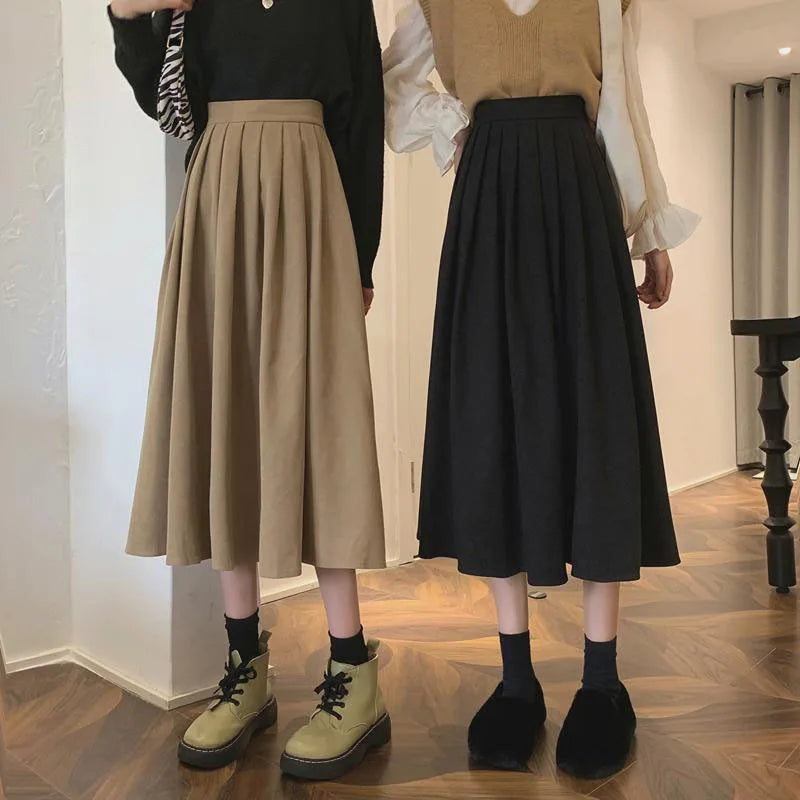 Mojoyce Vintage High Waist Pleated Long Skirt Women Korean Fashion Slim Fit skirt female Elegant Thick A-line Elastic Waist Faldas Mujer