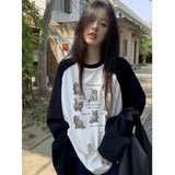 MOJOYCE-American Retro Harajuku Y2k Top Tshirts Women Black White Patchwork Hoodies O Neck Camisetas Raglan Sleeve Cat Print Casual Tees