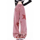 Mojoyce Women's Pink Jeans Letters Printed High-waisted American Street Wide Leg Pants Hip-hop Fashion Retro Straight Y2K Winter Pants