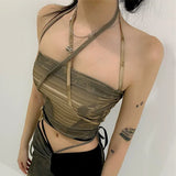 MOJOYCE Green Lace Up Off Shoulder Tank Top Summer 2022 Aesthetic Sexy Print Sleeveless Crop Top Y2k Streetwear Tanks
