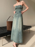 Mojoyce-Vintage Elegant Party Midi Dress Women Korean Style Denim Strapless Dress A-line Temperament Sexy Streetwear Designer Dress 2024