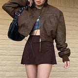 Mojoyce Punk Casual Women Pu Zipper Coat Vintage Brown Cotton Matte Leather Bomber Jacket Korean Streetwear Y2K Cropped Top