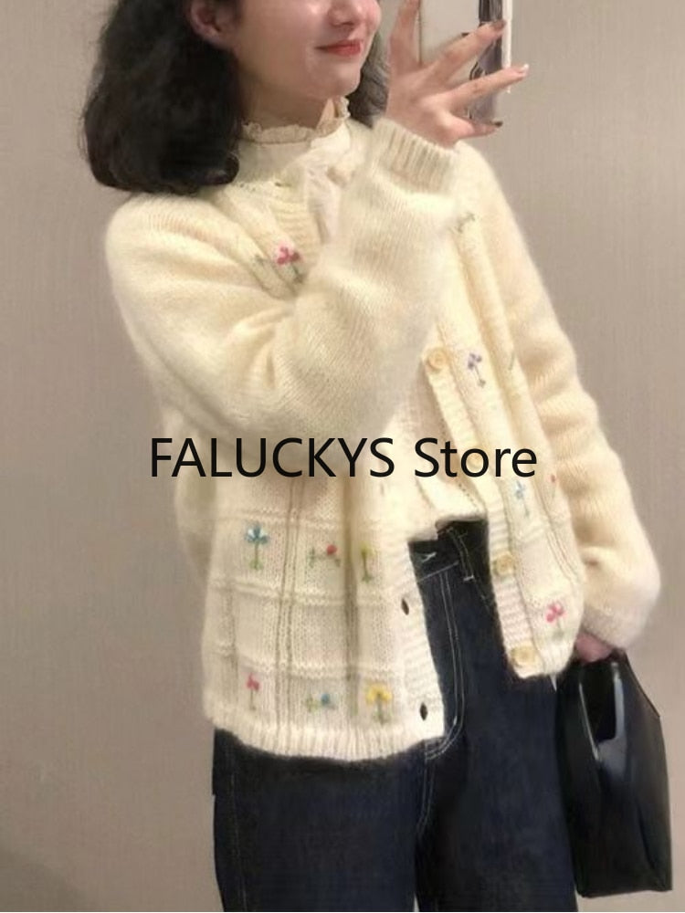 Mojoyce 2023 Autumn Sweet Floral Knitted Cardigan Office Lady Casual Long Sleeve Blouse Women Party Elegant Y2k Sweater Korean Fashion