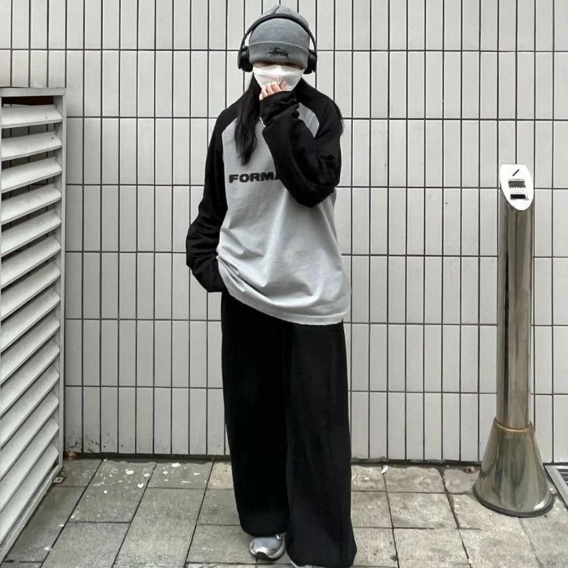 Mojoyce Patchwork Long Sleeve T-shirts Women Black Gray Tees Harajuku Vintage Oversize Tops Female Spring Autumn Korean Simple Pullovers