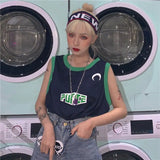 MOJOYCE-American Retro T-shirts Letter Women Mid Length Camisetas Harajuku Hip Hop Loose Ball Suit Summer O-Neck Sleeveless Vest Tees
