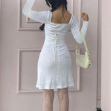 Mojoyce Sweet White Long Sleeve Dress Japanese Style Kawaii Y2K Lace Trim Square Collar Elegant Birthday Dresses Aesthetic
