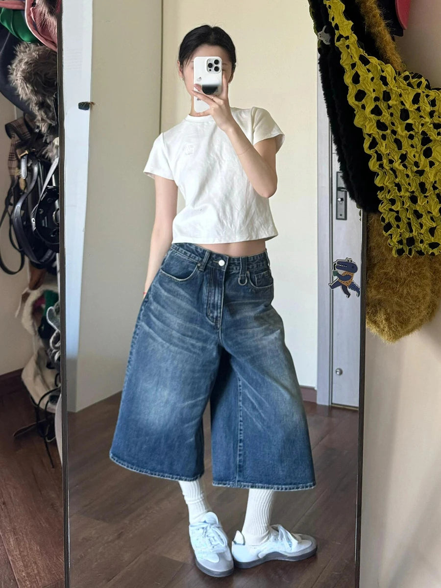 2024 Vintage Wash Whiskers Denim Shorts Women Low Rise Distressed Frayed Wide Leg Baggy Jeans Jorts Casual Summer Clothes