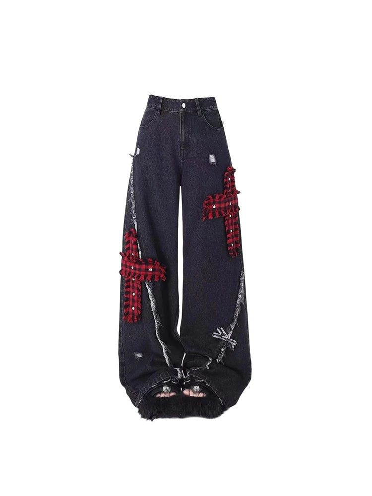 Mojoyce-Women's Black Gothic Baggy Y2k Jeans Vintage Streetwear Cowboy Pants Harajuku Denim Trousers Aesthetic Emo Trashy 2000s Clothes