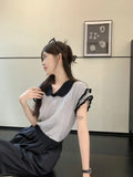 MOJOYCE-Contrast Color Short Sleeve Tshirts Tops Elegant Vintage Korean Tees Knitted Peter Pan Collar Women Streetwear Y2k Camisetas