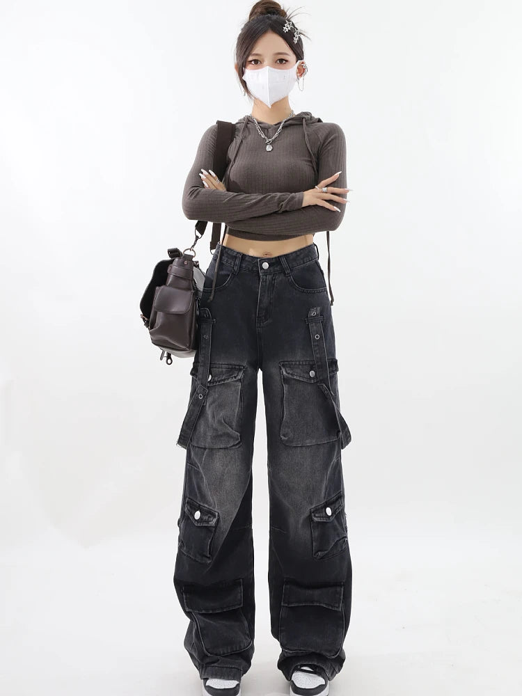 Mojoyce-Women Vintage Black Gothic Cargo Jeans Y2k Wide Leg Denim Pants Oversize 2000s High Waist Jeans Korean Baggy Trousers 90s Jeans