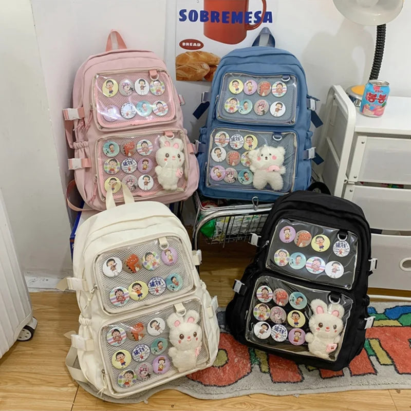 Mojoyce-White Ita Bag Backpack Large School Bags Cute Clear Pockets for Pins Display Anime Transparent Women College Students back pack