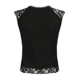 MOJOYCE Women Sexy Lace Crop Top Vintage Black Flying Sleeve Lace-up V Neck Fashion Summer Tee Shirt High Street Casual Tops