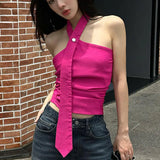 MOJOYCE-Coachella Valley Music Festival Outfits,Graduation Gift,Rose Red Bright Confident Trend Personality All-match Tight Hot Simple Casual Women's Thin Hanging Neck Vest y2k Streetwear
