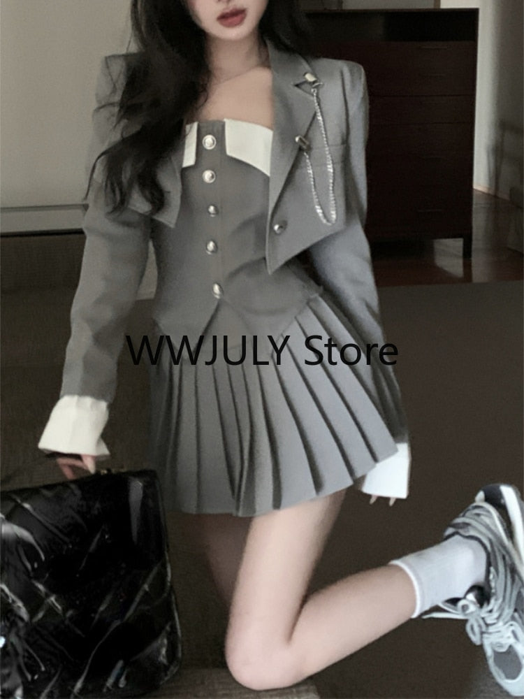 Mojoyce 2023 Autumn Preppy Style Pleated Casual A-line Skirt Women + Irregular Patchwork Slim Camisole + Jacket Three-piece Suit Female