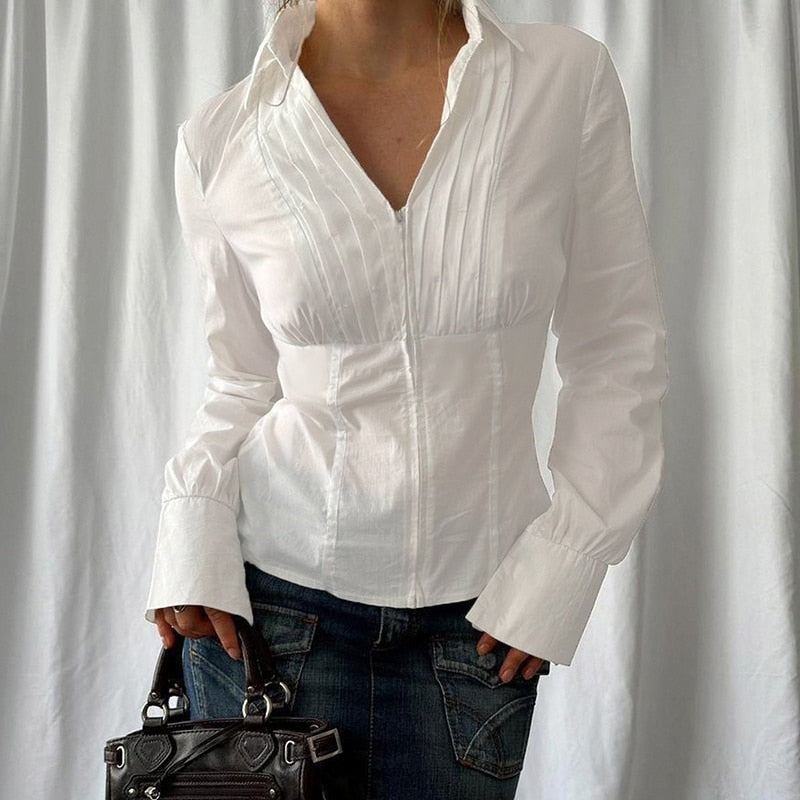 Mojoyce Women's White Shirt Folds Long Sleeve Zip Up Autumn Blouse Chic Basic Fashion Street Lady T-shirt Office Wear 2023