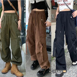 Mojoyce American Vintage Oversize Black Pants Women Fashion Hip Hop Drawstring Trouser Female Harajuku Pocket Wide Leg Streetwear New