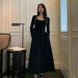 MOJOYCE-Elegant Vintage Square Collar Long Party Dresses for Women Clothing Office Lady Casual Black Pockets Bodycon Midi Dress Winter