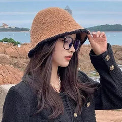 MOJOYCE-Cool Accessories New Winter Plush Thick Warm Bucket Cap For Woman Solid Color Travel Caps Girls Outdoor Windproof Fordable Fluffy Fisherman Hat