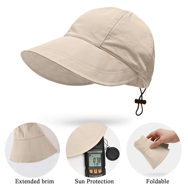 MOJOYCE-Cool Accessories Wide Brim Sunhat Summer Quick Dry Women Foldable Bucket Hat Outdoor Beach Sunscreen Cap Drawstring Adjustable Fisherman Hat