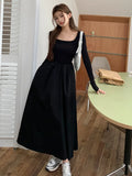 MOJOYCE-New Autumn Fashion Elegant Black Midi Dress for Women Long Sleeve Square Neck Simple Solid Vintage Chic Ladies Dresses Korean