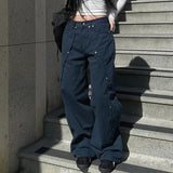 MOJOYCE Korean Women Patchwork Baggy Jeans High Street Y2K Casual Grunge Cargo Pants Fashion Chic Rivet Detail Sweatpants 90s
